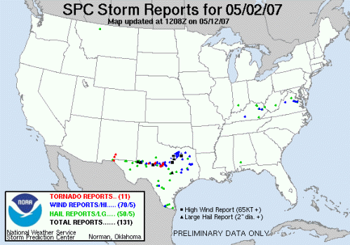 SPC Storm Reports Map from the 2nd of May.