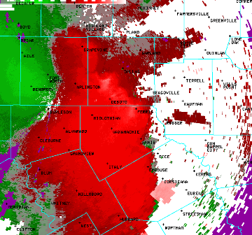 D/FW Radar Base Velocity showing winds across North Texas with storms.