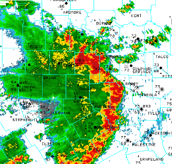 D/FW Radar showing bowing storms across N. Texas on the 2nd of May.
