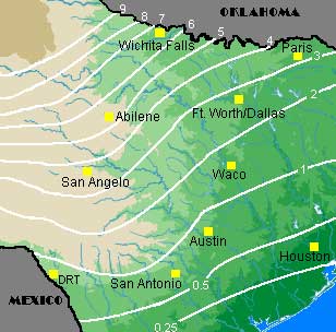 Average Snowfall Map for much of Texas. Average snowfall on the map ranges from less than a quarter of an inch across the upper Texas coast to over nine inches close to the lower Texas Panhandle.