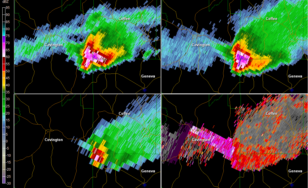 Multi-tilt reflectivity image from the KEVX Doppler radar showing a super cell displaying a TBSS in southern Coffee County, AL at 345 PM EDT on March 27, 2011. Note that the 1.5-degree SW image is displayed in the lower right panel.