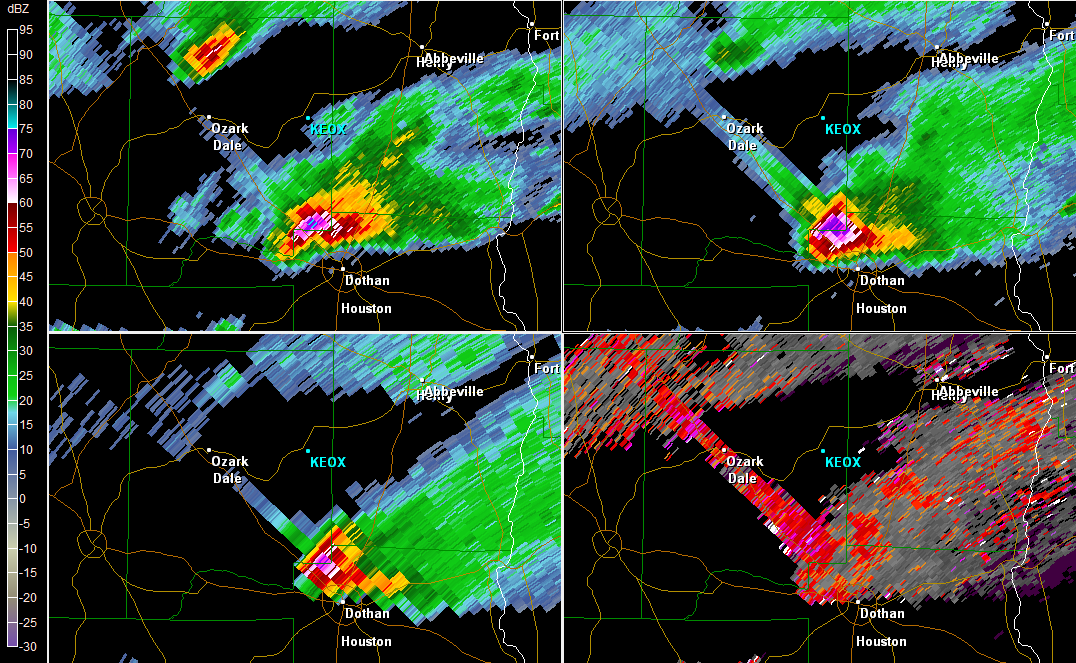 Multi-tilt reflectivity image from the KTLH Doppler radar showing a super cell displaying a TBSS just north of Dothan, AL at 250 PM EDT on March 27, 2011. Note that the 0.5-degree SW image is displayed in the lower right panel.
