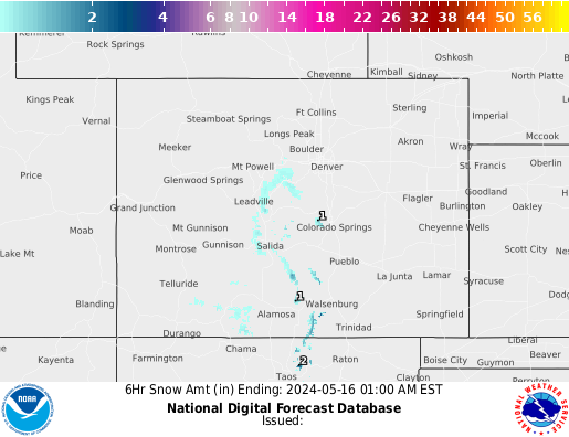 Colorado 6 hourly forecast snow accumulations