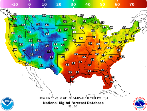 Dewpoint temperature forecast map of .
