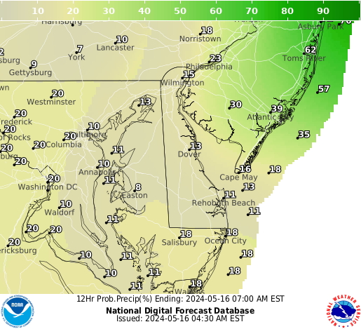 Delaware Precipitation Probability forecast for the next 7 days