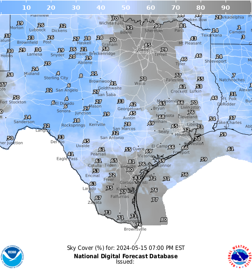 East Texas Precipitation Cloud Cover forecast for the next 7 days
