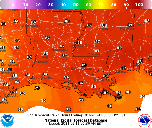 Louisiana High Temperature forecast for the next 7 days