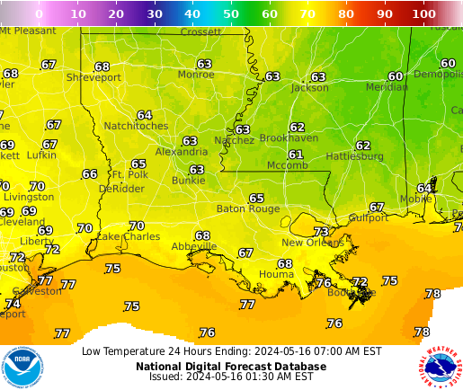 Louisiana Low Temperature forecast for the next 7 days