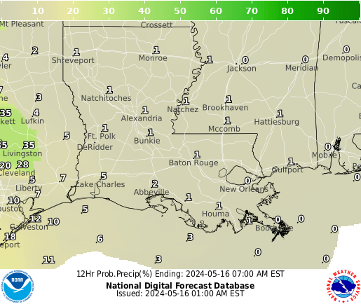 Louisiana Precipitation Probability forecast for the next 7 days