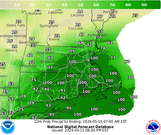Massachusetts Precipitation Probability forecast for the next 7 days