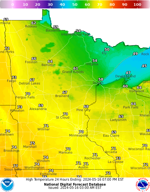Minnesota High Temperature forecast for the next 7 days