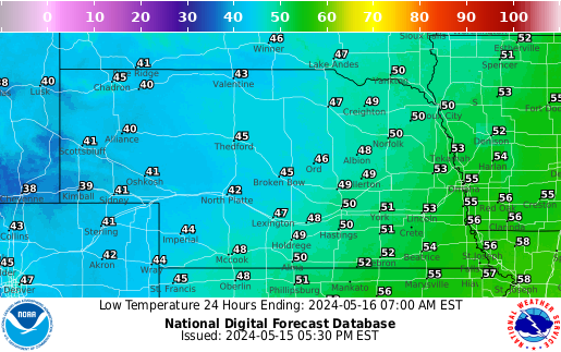 Nebraska Low Temperature forecast for the next 7 days