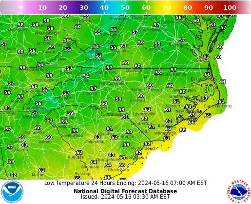 North Carolina Low Temperature forecast for the next 7 days