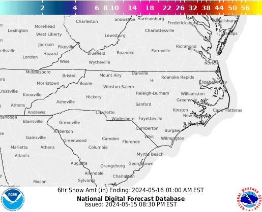 North Carolina 6 hourly forecast snow accumulations