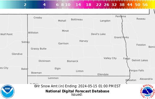 North Dakota 6 hourly forecast snow accumulations