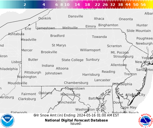 Pennsylvania 6 hourly forecast snow accumulations