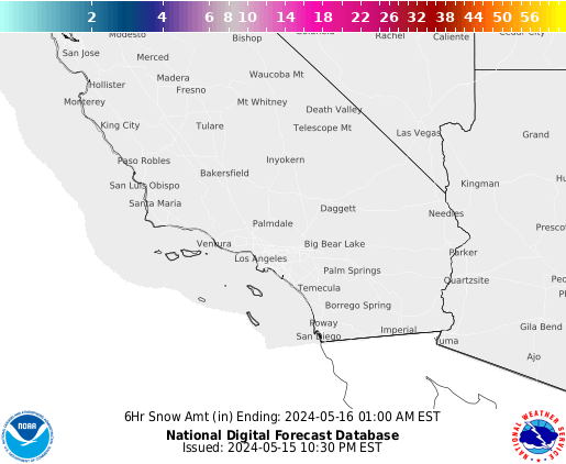 South California 6 hourly forecast snow accumulations