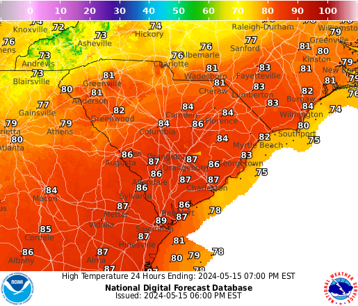 South Carolina High Temperature forecast for the next 7 days