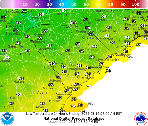 South Carolina Low Temperature forecast for the next 7 days