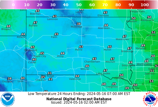 South Dakota Low Temperature forecast for the next 7 days