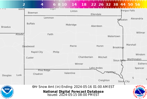 South Dakota 6 hourly forecast snow accumulations