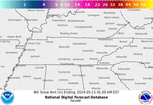 Tennessee 6 hourly forecast snow accumulations