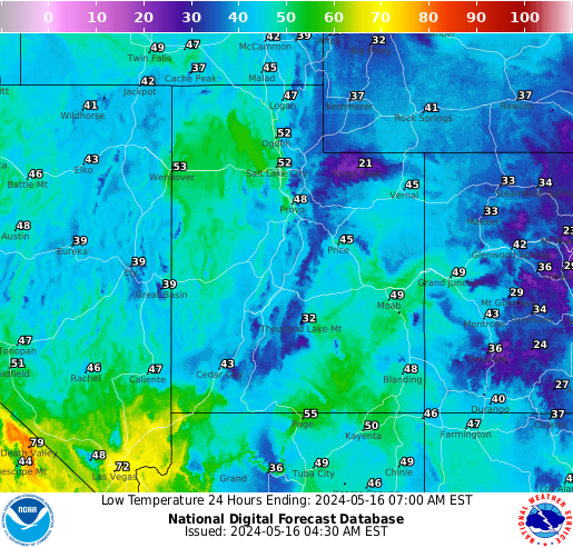 Utah Low Temperature forecast for the next 7 days