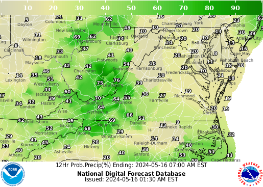 Virginia Precipitation Probability forecast for the next 7 days