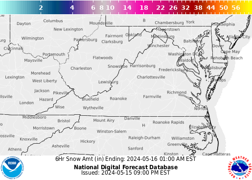 Virginia 6 hourly forecast snow accumulations
