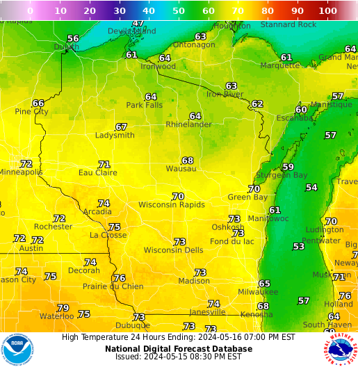 Wisconsin High Temperature forecast for the next 7 days