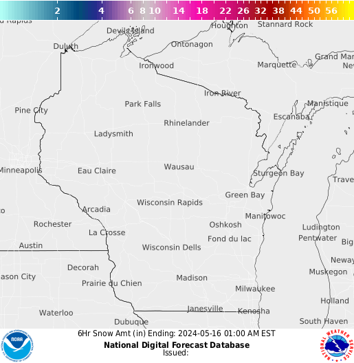 Wisconsin 6 hourly forecast snow accumulations