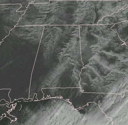 GOES-8 Visible Satellite Image from Dec. 19, 1996 showing snow band across southern Alabama.