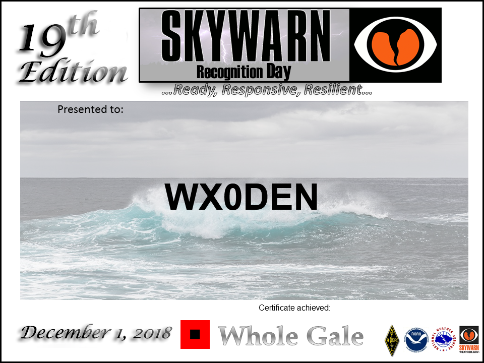 Skywarn Recognition Day 2018 WX0DEN certificate