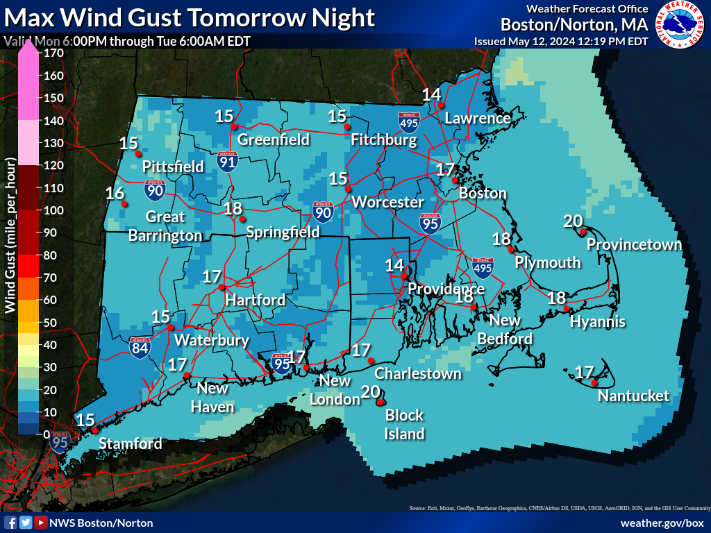 Map that displays the th period Max Wind Gust.