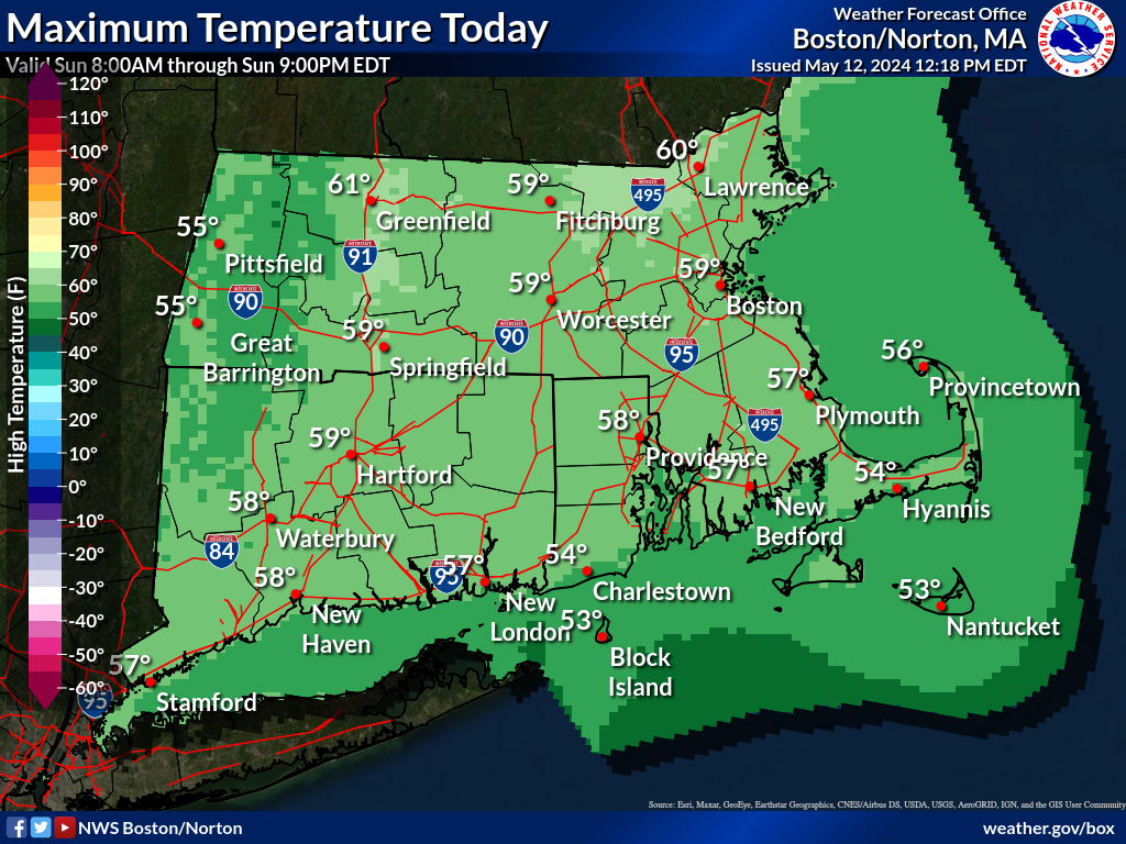 Map displays the Southern New England Maximum Temperature Day 1.