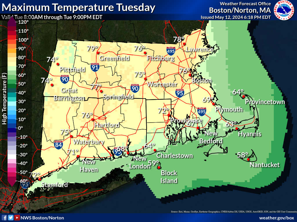 Map displays the Southern New England Maximum Temperature Day 2.