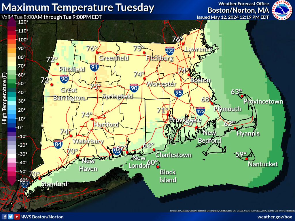Map displays the Southern New England Maximum Temperature Day 3.