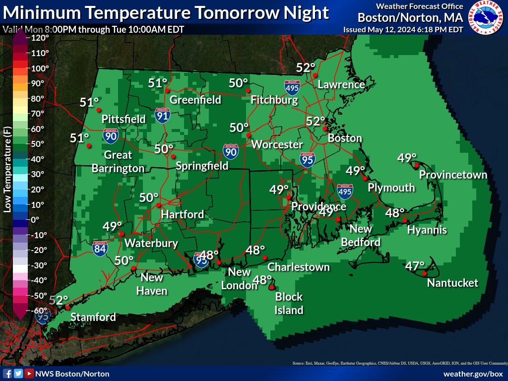 Map displays the Southern New England Minimum Temperature Day 2.