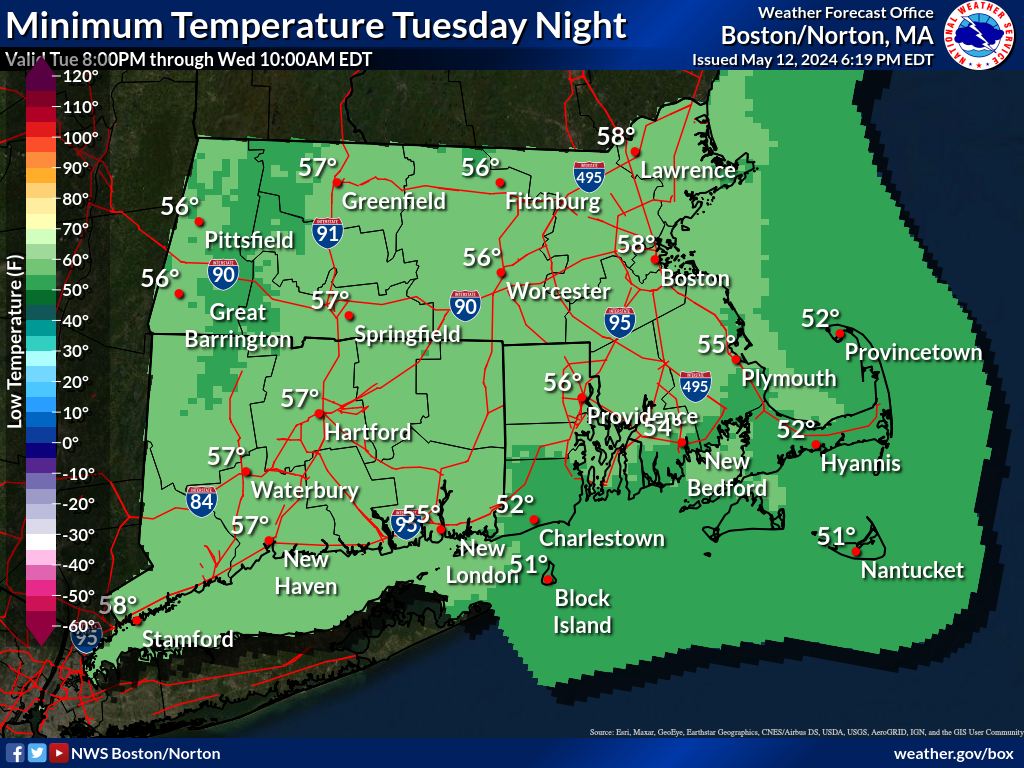 Map displays the Southern New England Minimum Temperature Day 3.