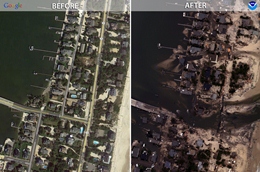 Before and After side by side images of Mantoloking, NJ, with Hurricane Sandy