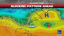 Forecast blocking pattern for Superstorm Sandy, Sunday, October 28th, provided by The Weather Channel, Inc.