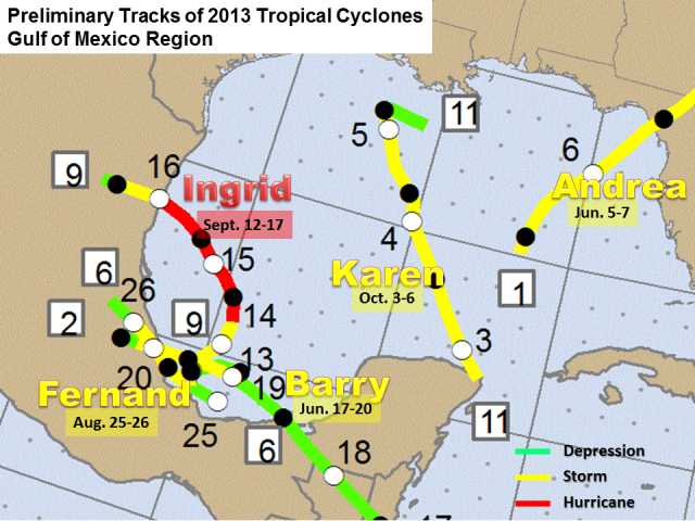 Preliminary 2013 Hurricane Season tracks for the Gulf of Mexico (click to enlarge)