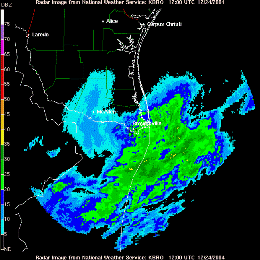 Doppler radar animation snippet, early morning Christmas Eve, 2004, Brownsville (click to animate)