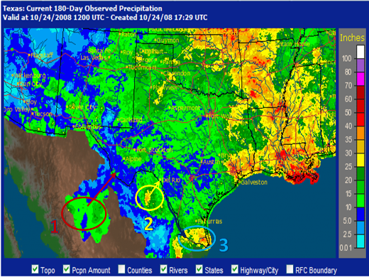 Rainfall map describing some of the causes for the rises along the Rio Grande in the Lower RGV (click to enlarge)