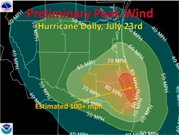 Estimated and measured peak wind (gusts) from Hurricane Dolly in Deep South Texas (click to enlarge)