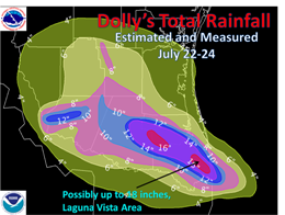 Estimated and measured storm total rainfall from Dolly in Deep South Texas, July 22 through 24 (click to enlarge)