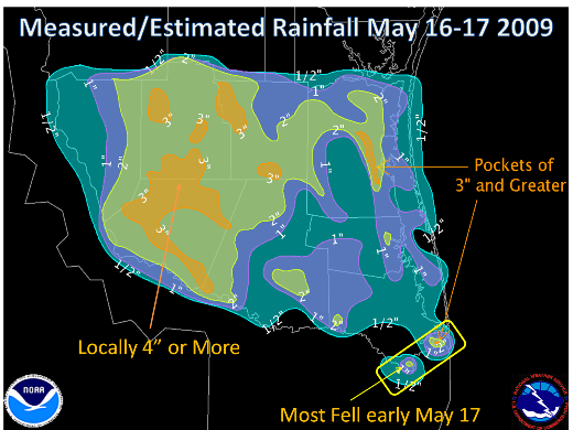 Map of rainfall across the Rio Grande Valley and Deep South Texas, May 16-17, 2009