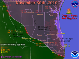 Map of Conditions conducive to explosive growth of wild fire across Deep South Texas, November 30, 2010 (click to enlarge)