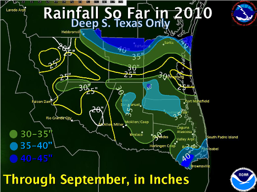Preliminary Measured and Estimated Rainfall, Year to Date through September, 2010, for the Rio Grande Valley and Deep South Texas (click to enlarge)