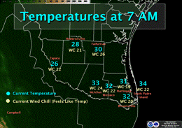 Selected temperature and wind chill readings, 7 AM February 10, 2011 (click to enlarge)